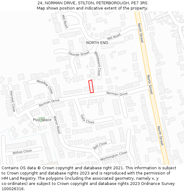 24, NORMAN DRIVE, STILTON, PETERBOROUGH, PE7 3RS: Location map and indicative extent of plot