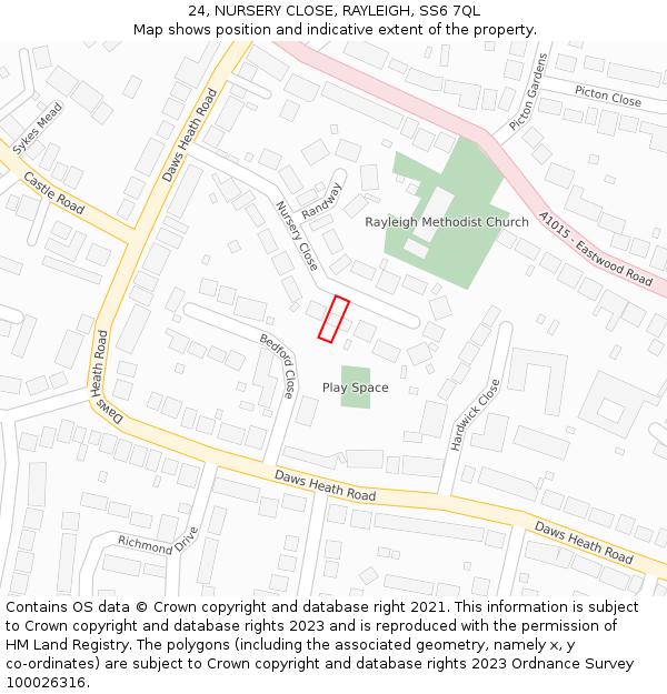 24, NURSERY CLOSE, RAYLEIGH, SS6 7QL: Location map and indicative extent of plot