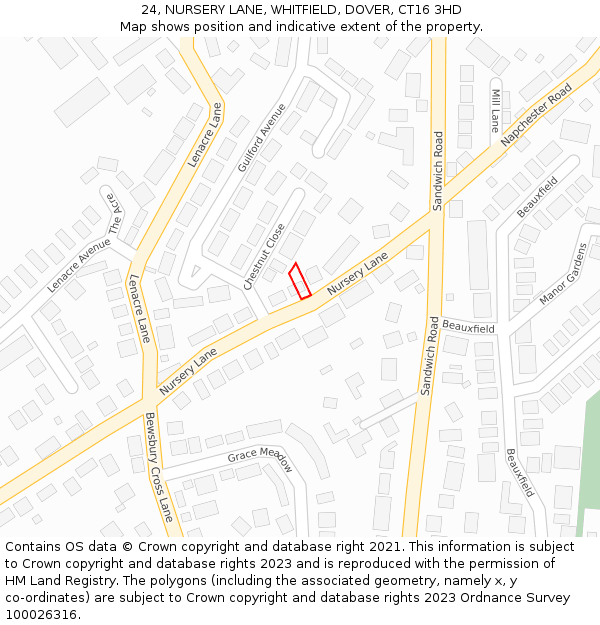 24, NURSERY LANE, WHITFIELD, DOVER, CT16 3HD: Location map and indicative extent of plot