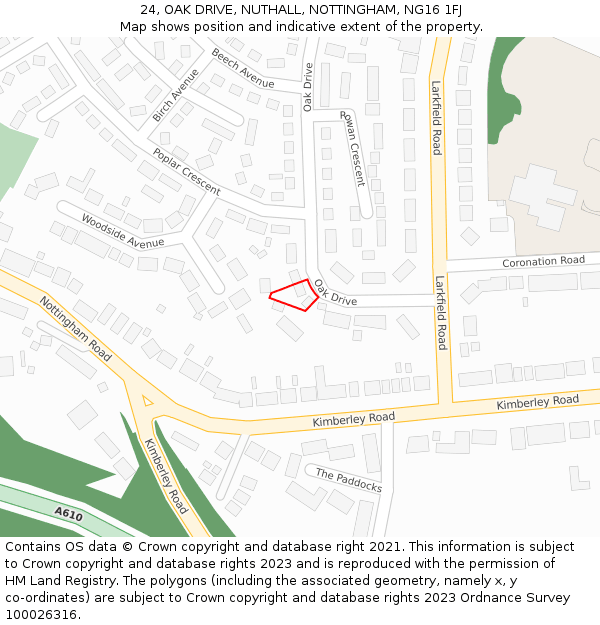 24, OAK DRIVE, NUTHALL, NOTTINGHAM, NG16 1FJ: Location map and indicative extent of plot