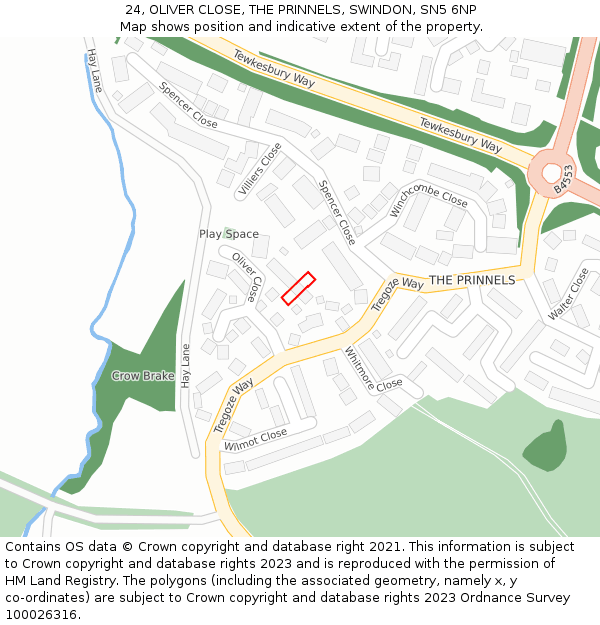 24, OLIVER CLOSE, THE PRINNELS, SWINDON, SN5 6NP: Location map and indicative extent of plot