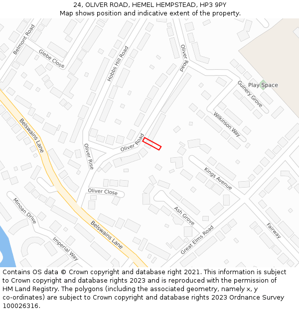 24, OLIVER ROAD, HEMEL HEMPSTEAD, HP3 9PY: Location map and indicative extent of plot