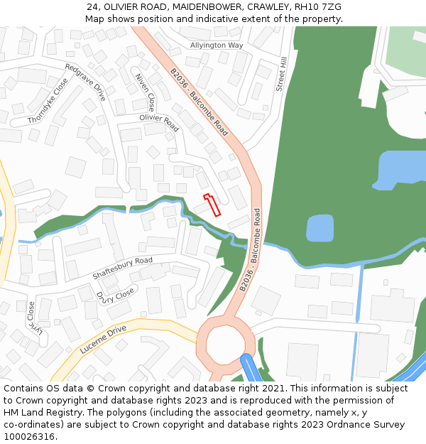 24, OLIVIER ROAD, MAIDENBOWER, CRAWLEY, RH10 7ZG: Location map and indicative extent of plot