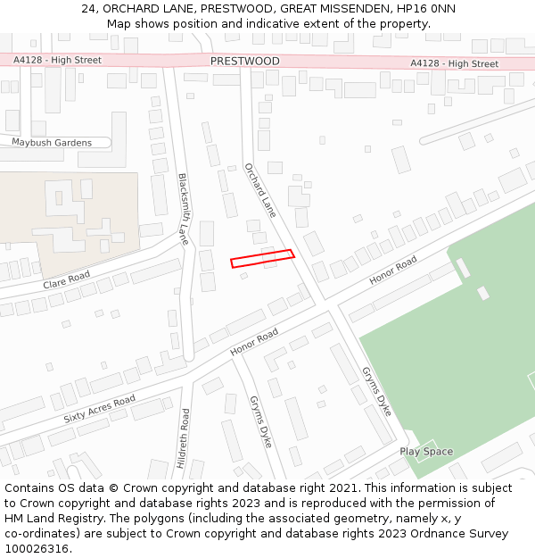 24, ORCHARD LANE, PRESTWOOD, GREAT MISSENDEN, HP16 0NN: Location map and indicative extent of plot