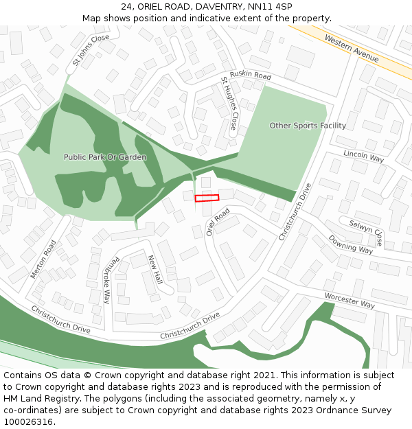 24, ORIEL ROAD, DAVENTRY, NN11 4SP: Location map and indicative extent of plot