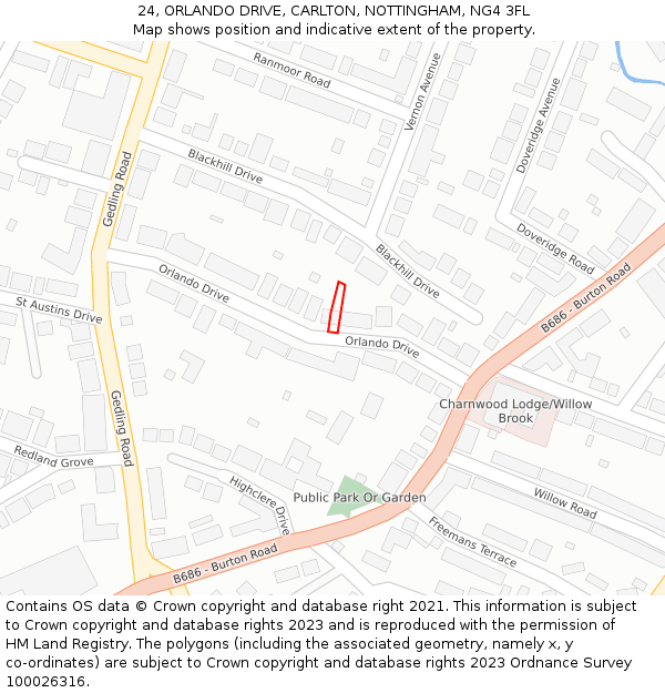 24, ORLANDO DRIVE, CARLTON, NOTTINGHAM, NG4 3FL: Location map and indicative extent of plot