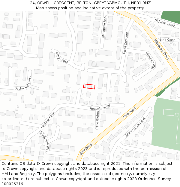 24, ORWELL CRESCENT, BELTON, GREAT YARMOUTH, NR31 9NZ: Location map and indicative extent of plot