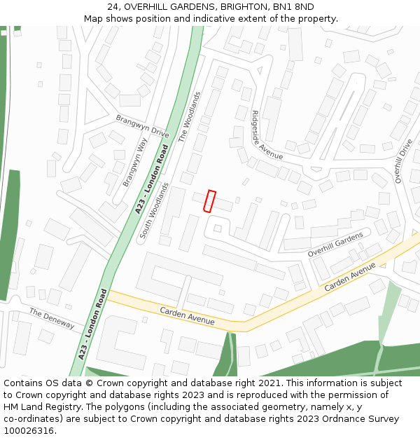 24, OVERHILL GARDENS, BRIGHTON, BN1 8ND: Location map and indicative extent of plot