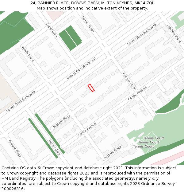 24, PANNIER PLACE, DOWNS BARN, MILTON KEYNES, MK14 7QL: Location map and indicative extent of plot