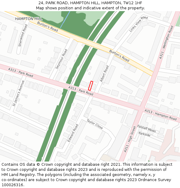24, PARK ROAD, HAMPTON HILL, HAMPTON, TW12 1HF: Location map and indicative extent of plot