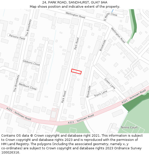 24, PARK ROAD, SANDHURST, GU47 9AA: Location map and indicative extent of plot