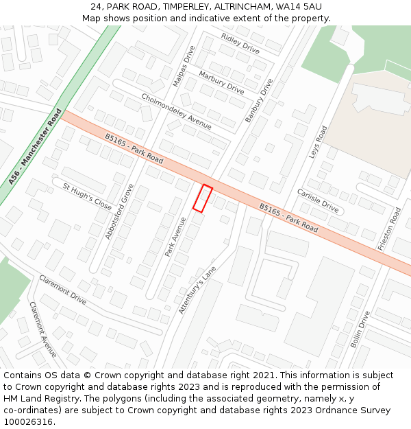 24, PARK ROAD, TIMPERLEY, ALTRINCHAM, WA14 5AU: Location map and indicative extent of plot