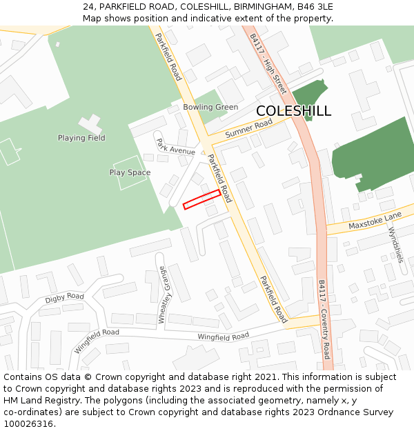 24, PARKFIELD ROAD, COLESHILL, BIRMINGHAM, B46 3LE: Location map and indicative extent of plot