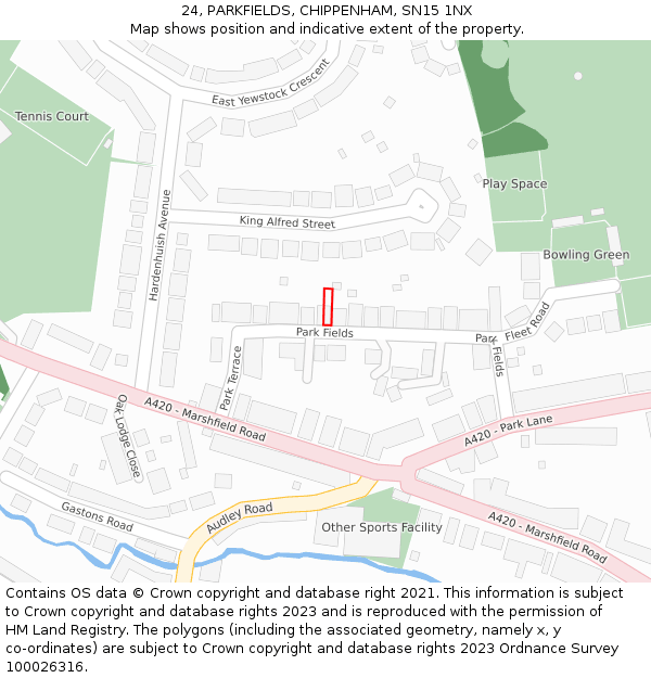 24, PARKFIELDS, CHIPPENHAM, SN15 1NX: Location map and indicative extent of plot