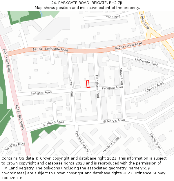 24, PARKGATE ROAD, REIGATE, RH2 7JL: Location map and indicative extent of plot