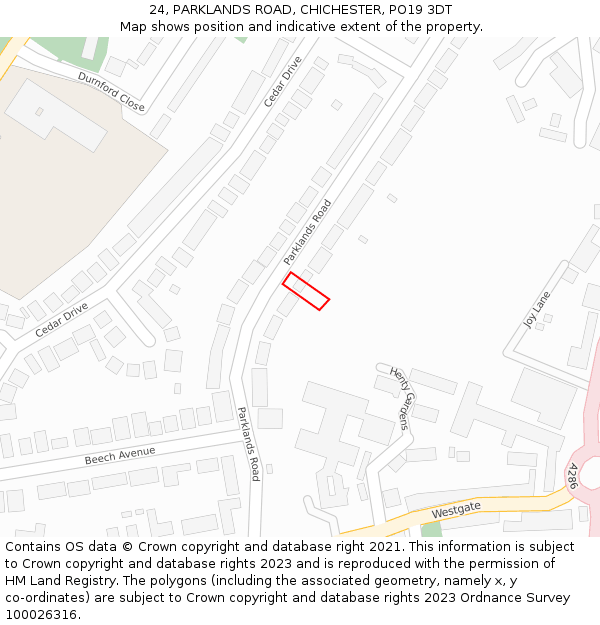 24, PARKLANDS ROAD, CHICHESTER, PO19 3DT: Location map and indicative extent of plot