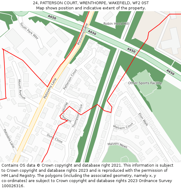 24, PATTERSON COURT, WRENTHORPE, WAKEFIELD, WF2 0ST: Location map and indicative extent of plot