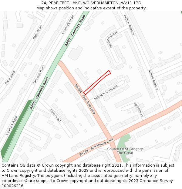 24, PEAR TREE LANE, WOLVERHAMPTON, WV11 1BD: Location map and indicative extent of plot