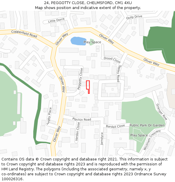 24, PEGGOTTY CLOSE, CHELMSFORD, CM1 4XU: Location map and indicative extent of plot