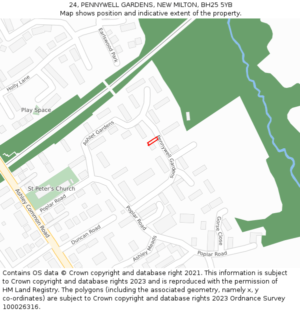 24, PENNYWELL GARDENS, NEW MILTON, BH25 5YB: Location map and indicative extent of plot