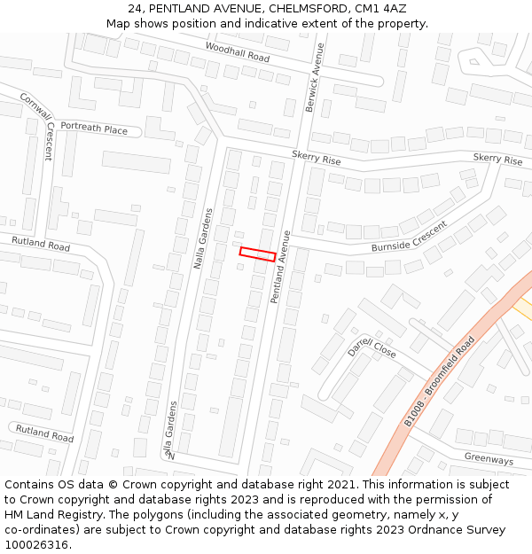 24, PENTLAND AVENUE, CHELMSFORD, CM1 4AZ: Location map and indicative extent of plot