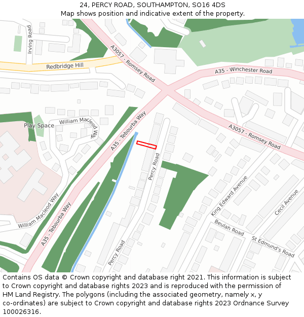 24, PERCY ROAD, SOUTHAMPTON, SO16 4DS: Location map and indicative extent of plot