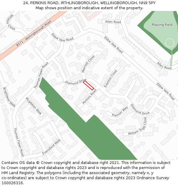 24, PERKINS ROAD, IRTHLINGBOROUGH, WELLINGBOROUGH, NN9 5PY: Location map and indicative extent of plot