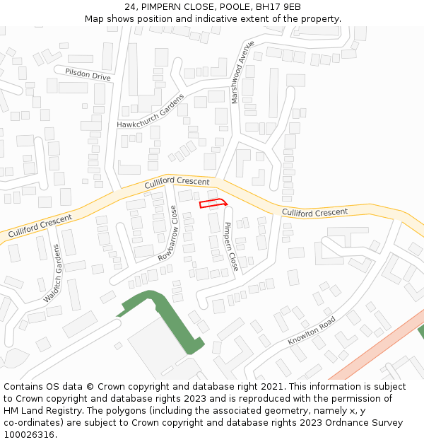 24, PIMPERN CLOSE, POOLE, BH17 9EB: Location map and indicative extent of plot