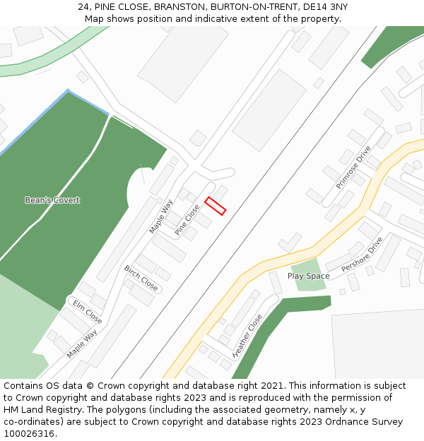 24, PINE CLOSE, BRANSTON, BURTON-ON-TRENT, DE14 3NY: Location map and indicative extent of plot