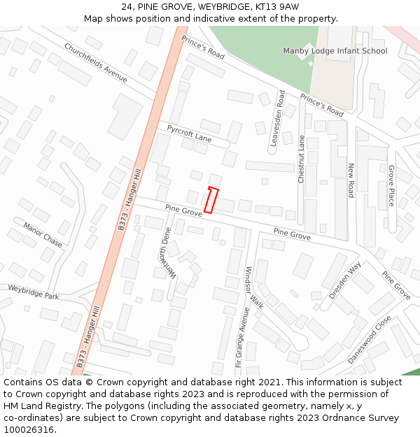 24, PINE GROVE, WEYBRIDGE, KT13 9AW: Location map and indicative extent of plot