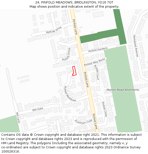 24, PINFOLD MEADOWS, BRIDLINGTON, YO16 7GT: Location map and indicative extent of plot