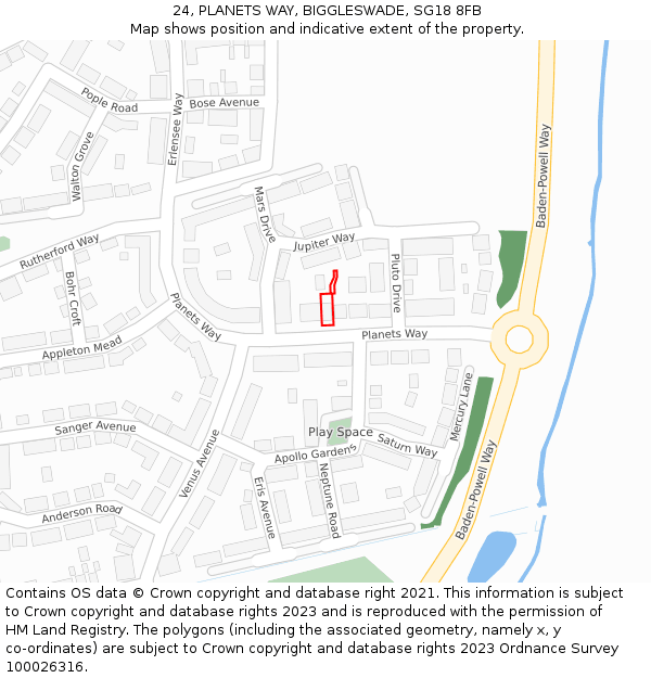24, PLANETS WAY, BIGGLESWADE, SG18 8FB: Location map and indicative extent of plot
