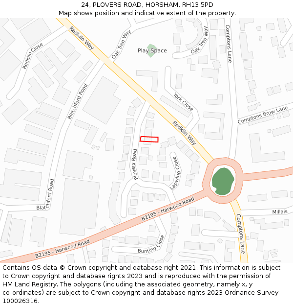 24, PLOVERS ROAD, HORSHAM, RH13 5PD: Location map and indicative extent of plot