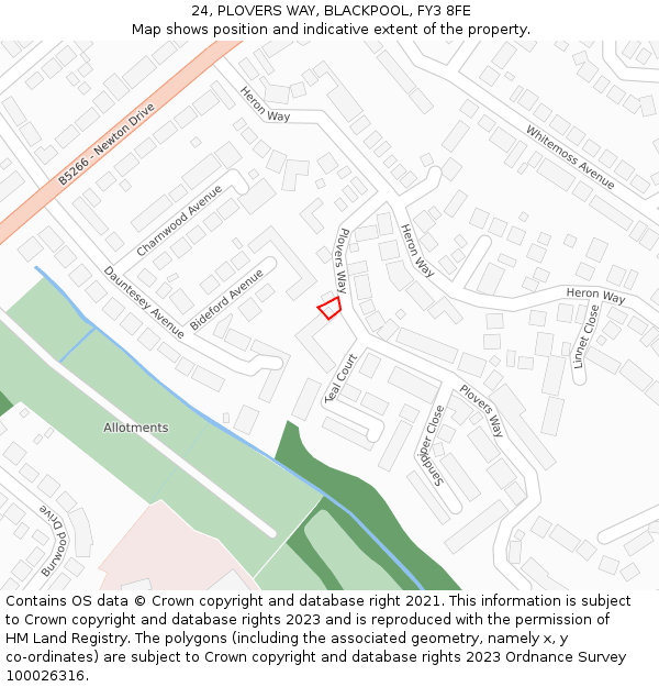 24, PLOVERS WAY, BLACKPOOL, FY3 8FE: Location map and indicative extent of plot