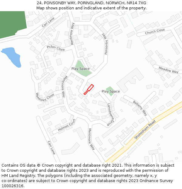 24, PONSONBY WAY, PORINGLAND, NORWICH, NR14 7XG: Location map and indicative extent of plot