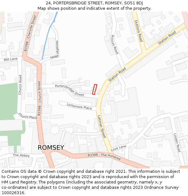 24, PORTERSBRIDGE STREET, ROMSEY, SO51 8DJ: Location map and indicative extent of plot