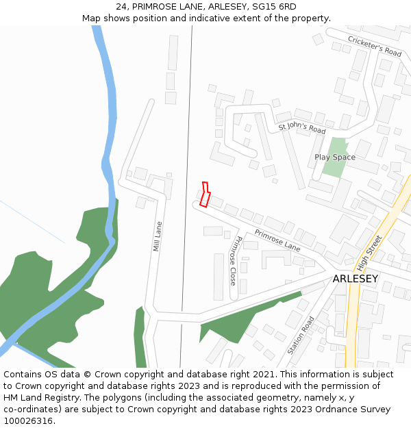 24, PRIMROSE LANE, ARLESEY, SG15 6RD: Location map and indicative extent of plot