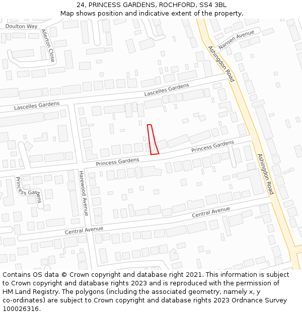 24, PRINCESS GARDENS, ROCHFORD, SS4 3BL: Location map and indicative extent of plot