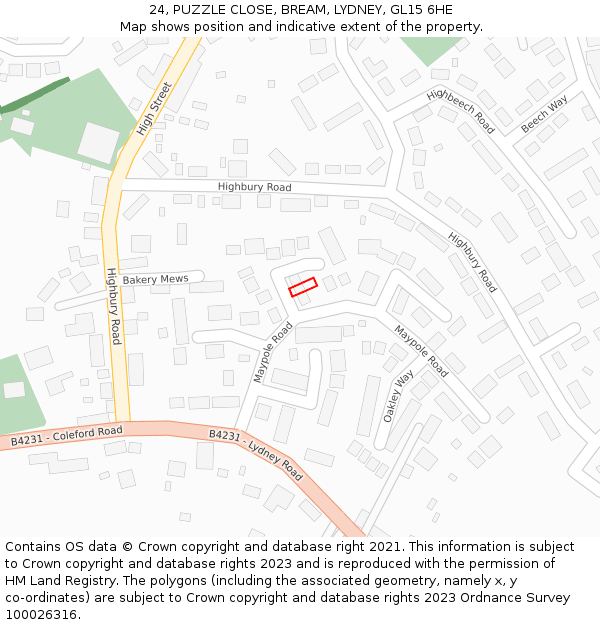 24, PUZZLE CLOSE, BREAM, LYDNEY, GL15 6HE: Location map and indicative extent of plot