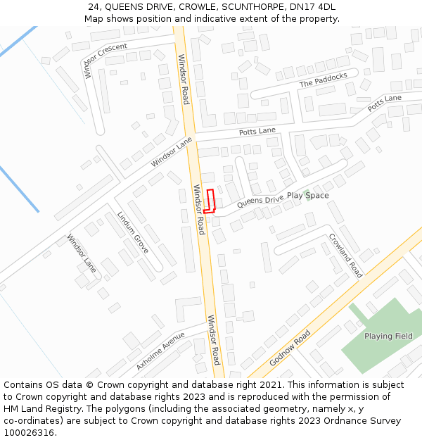24, QUEENS DRIVE, CROWLE, SCUNTHORPE, DN17 4DL: Location map and indicative extent of plot