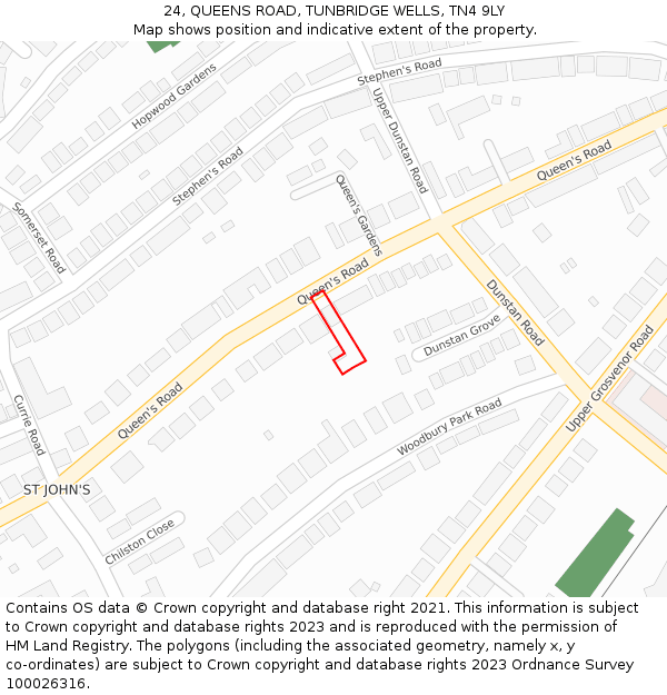 24, QUEENS ROAD, TUNBRIDGE WELLS, TN4 9LY: Location map and indicative extent of plot