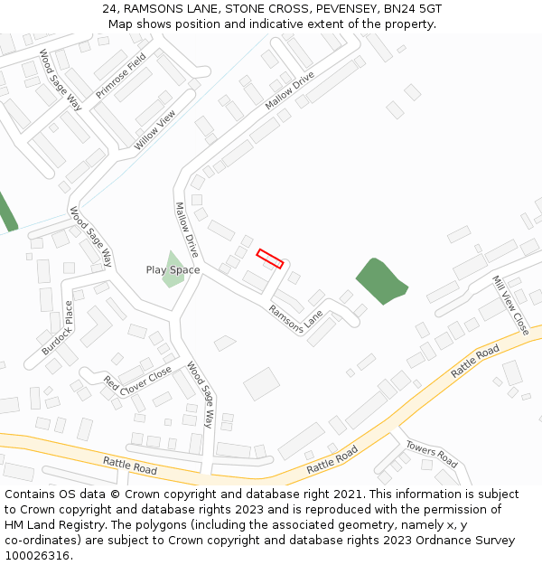 24, RAMSONS LANE, STONE CROSS, PEVENSEY, BN24 5GT: Location map and indicative extent of plot