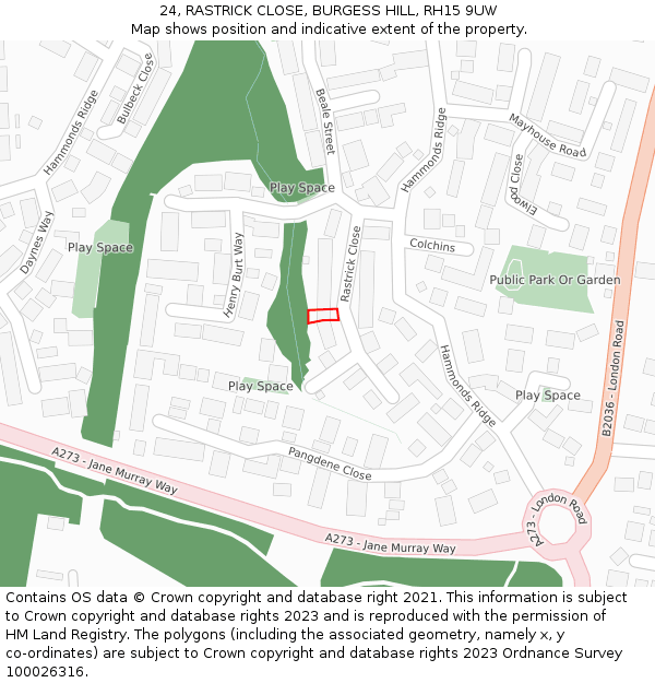 24, RASTRICK CLOSE, BURGESS HILL, RH15 9UW: Location map and indicative extent of plot