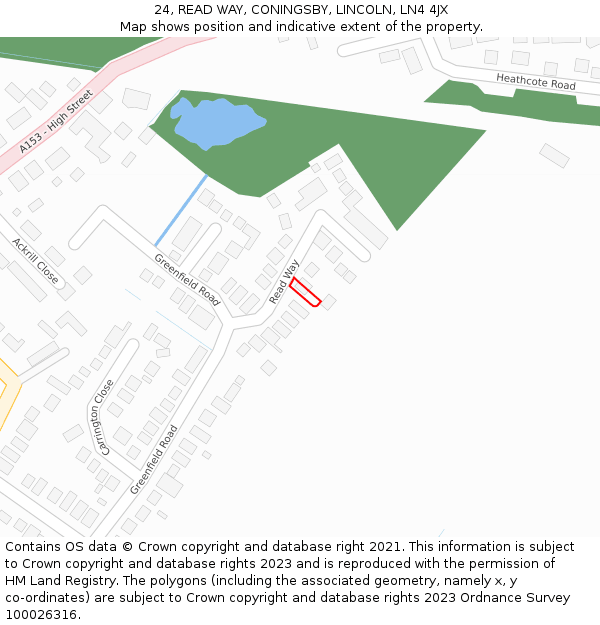 24, READ WAY, CONINGSBY, LINCOLN, LN4 4JX: Location map and indicative extent of plot