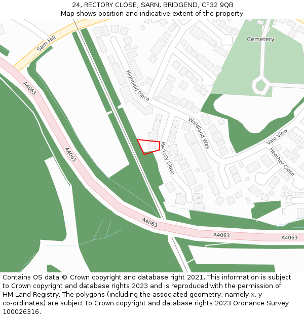 24, RECTORY CLOSE, SARN, BRIDGEND, CF32 9QB: Location map and indicative extent of plot