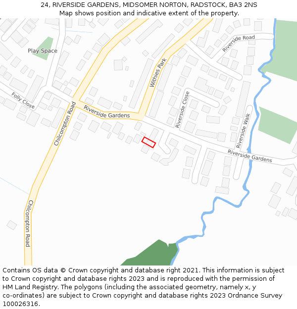 24, RIVERSIDE GARDENS, MIDSOMER NORTON, RADSTOCK, BA3 2NS: Location map and indicative extent of plot