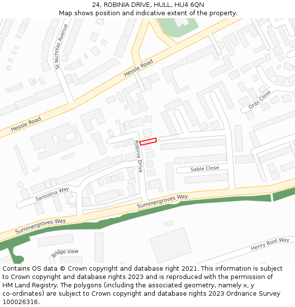 24, ROBINIA DRIVE, HULL, HU4 6QN: Location map and indicative extent of plot