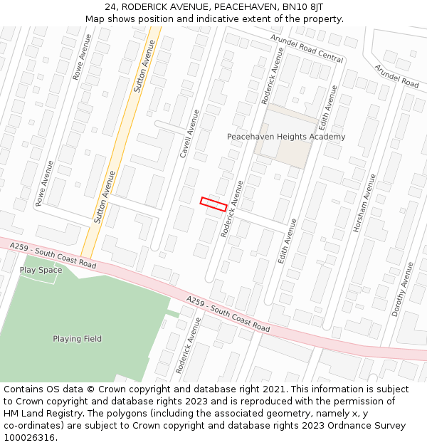 24, RODERICK AVENUE, PEACEHAVEN, BN10 8JT: Location map and indicative extent of plot