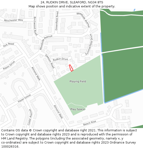 24, RUDKIN DRIVE, SLEAFORD, NG34 8TS: Location map and indicative extent of plot