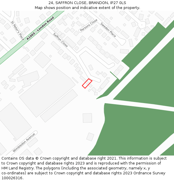 24, SAFFRON CLOSE, BRANDON, IP27 0LS: Location map and indicative extent of plot